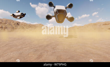 Spaceship drones landing in the desert 3D rendering Stock Photo