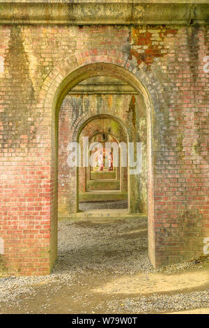 A series of brick arches of ancient brick aqueduct at Nanzen-ji, at Zen Buddhist Temple in Higashiyama District, Kyoto, Japan. Japanese women with Stock Photo