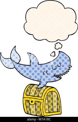 cartoon shark swimming over treasure chest with thought bubble in comic book style Stock Vector