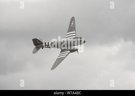 Image of Douglas C-47 Skytrain 'Willa Dean' (reg N791HH) shown flying low over the Chino Airport in Southern California. Stock Photo