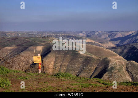 Looking into the hills of Syria from an overlook near Kibbutz Metzar in Israel's southern Golan Heights, east of the Sea of Galilee. Stock Photo