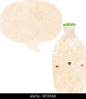 cute cartoon milk bottle with speech bubble in grunge distressed retro textured style Stock Vector