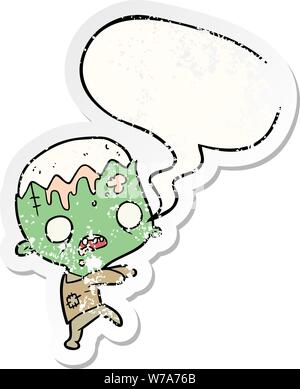 cute cartoon zombie with speech bubble distressed distressed old sticker Stock Vector