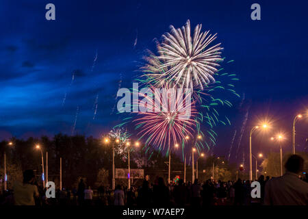 Fireworks in the village or a small town, slow shutter Stock Photo