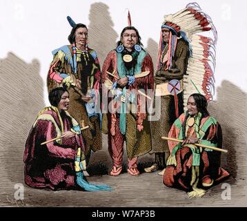 Estados Unidos. Guerras Indias. Principales jefes de los indios Sioux, vencedores del General George Armstrong Custer. De izquierda a derecha: Red Fox (Zorro Colorado), Bearskin (Cuero de Oso), Red Dog (Perro Rojo), Rocky Bear (Oso Duro) y Living Bear (Oso Vivo). Grabado. La Ilustración Española y Americana. 8 de septiembre de 1876. Coloreado. Stock Photo