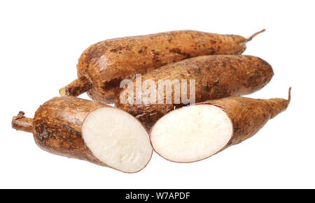 cutting and whole manioc (cassava) isolated on white background Stock Photo