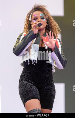 Brighton, UK. 03rd Aug, 2019. British Singer, Fleur East performs on the main stage at Brighton & Hove Pride Festival in Preston Park in Brighton, England on August 03, 2019 in Brighton, England. Credit: SOPA Images Limited/Alamy Live News Stock Photo