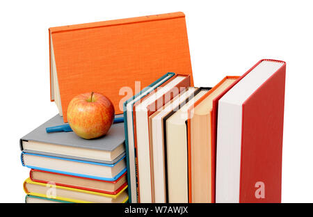 colorful books and apple isolated on white background Stock Photo