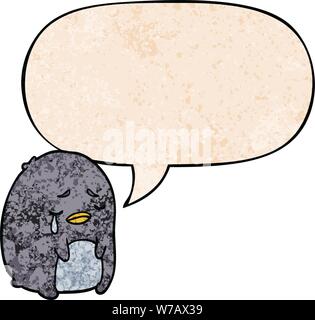 cartoon crying penguin with speech bubble in retro texture style Stock Vector