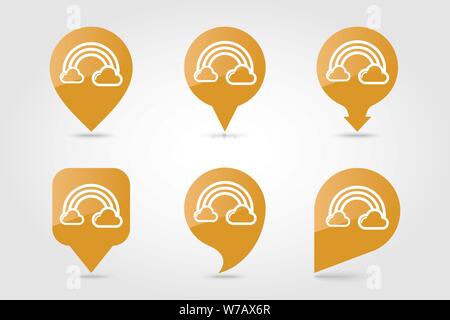 Rainbow in cloud outline pin map icon. Map pointer. Map markers. Meteorology. Weather. Vector illustration eps 10 Stock Vector