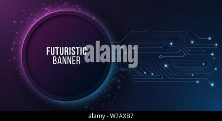 Futuristic high tech banner with computer circuit. Modern tech design. Blue and purple glowing neon honeycombs. Abstract glowing lights. Vector illust Stock Vector
