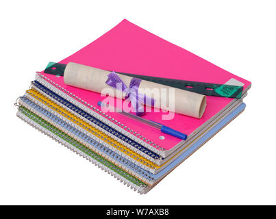 colorful notebooks and diploma isolated on white background Stock Photo