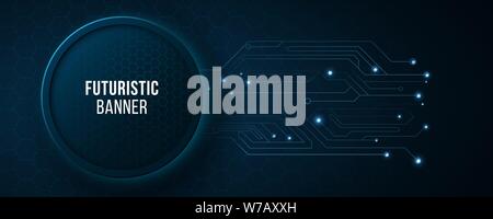 High tech banner with computer circuit. Modern tech design. Blue neon honeycombs. Abstract glowing lights. Vector illustration. EPS 10 Stock Vector
