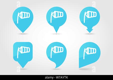 Windsocks inflated by wind at the airport runway pin map icon. Map pointer. Map markers. Meteorology. Weather. Vector illustration eps 10 Stock Vector