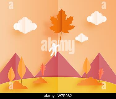 Landscape autumn background with A human paper hang on flying maple leafs in the sky. Vector illustration. Poster, banner, wallpaper, brochure, book c Stock Vector