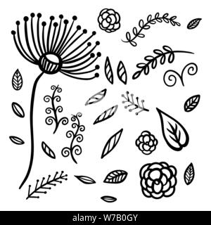 Floral Elements with dandelion, sprigs, flowers, & leaves Stock Vector