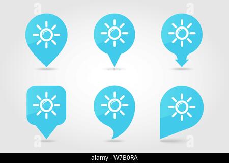 Sun outline pin map icon. Map pointer. Map markers. Meteorology. Weather. Vector illustration eps 10 Stock Vector