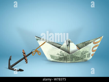 finance concept, ship made of money with anchor and copy space Stock Photo