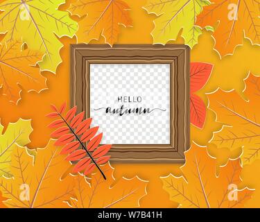 Autumn leafs background with frame board in paper cut style. Design for poster, flyer, brochure, banner, cover, wallpaper, advertising template. Stock Vector