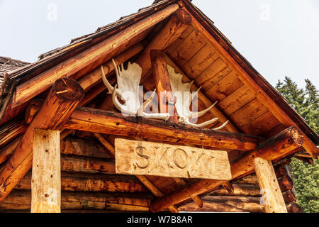 Entranceway of main lodge at Skoki Ski Lodge, a remote backcountry lodge located near Lake Louise in Banff National Park, Alberta, Canada. Stock Photo