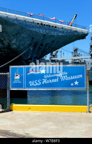 Sign welcoming visitors to the USS Hornet Museum in Alameda, California. Stock Photo