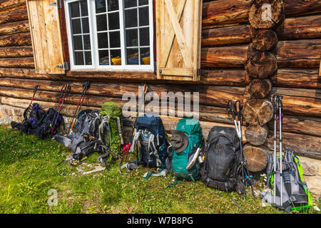 Hiker's backpacks at Skoki Ski Lodge, a remote backcountry lodge located near Lake Louise in Banff National Park, Alberta, Canada. Stock Photo