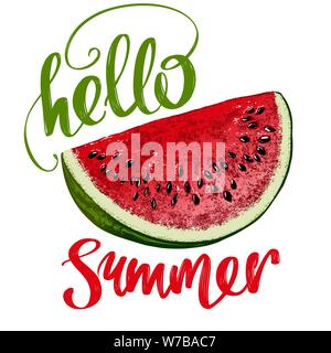 fruit watermelon, logo, calligraphic text hand drawn vector illustration realistic sketch color Stock Vector