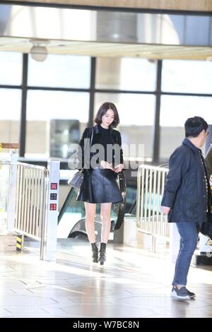 South Korean singer and actress Lim Yoon-ah, better known as Yoona, of South Korean pop group Girls' Generation arrives at Incheon International Airpo Stock Photo