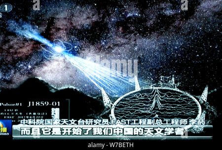 In this TV grab taken by CCTV (China Central Television) on 10 October 2017, the world's largest radio telescope called FAST (Five-hundred-meter Apert Stock Photo