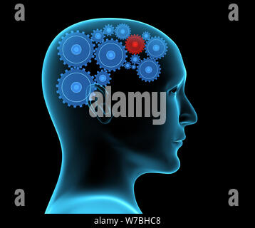 Headache migraine. Human x-ray profile with gears in form of brain, pain location highlighted in red. Isolated on black background. 3d render Stock Photo