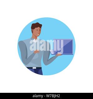 business man with laptop computer in frame circular vector illustration design Stock Vector