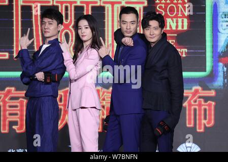 Chinese actor Feng Shaofeng, left, and actress Liu Yifei, second left, attend a press conference for their movie 'Hanson And The Beast' in Beijing, Ch Stock Photo