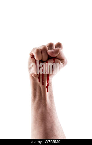 Raised hand showing fist with blood isolated on white background