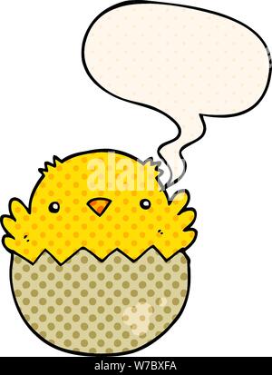 cartoon chick hatching from egg with speech bubble in comic book style Stock Vector