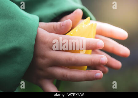 Close-up image of the hands of a little girl trying to touch a yellow tulip flower Stock Photo