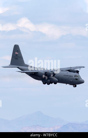 United States Air Force (USAF) Lockheed C-130H Hercules from the 109th Airlift Wing, New York Air National Guard on approach to land at McCarran Inter Stock Photo