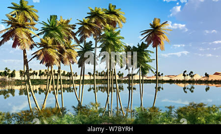 Palm trees near oasis in Africa 3d rendering Stock Photo
