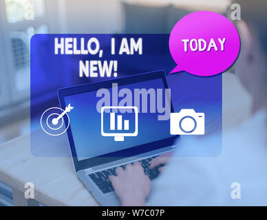 Word writing text Hello I Am New. Business photo showcasing used as greeting or to begin telephone conversation Stock Photo