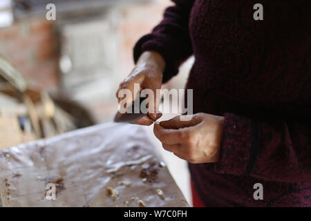 Details with the hands of an old woman peeling garlic for cooking Stock Photo