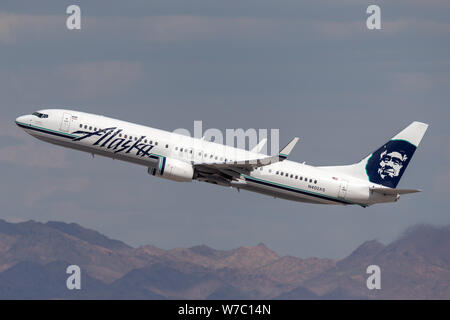 Alaska Airlines Boeing 737-900 airliner climbing on departure from McCarran International Airport in Las Vegas. Stock Photo