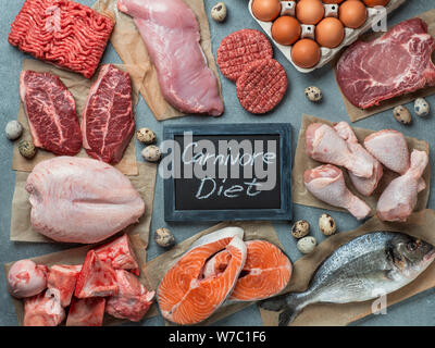 Carnivore diet concept. Raw ingredients for zero carb diet - meat, poultry, fish, seafood, eggs, beef bones for bone broth and words Carnivore Diet on gray stone background. Top view or flat lay. Stock Photo