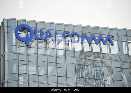 --FILE--View of a logo of Qualcomm at an Innovation Center of Qualcomm Wireless Communication Technologies (China) Limited in Shenzhen city, south Chi Stock Photo