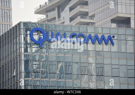 --FILE--View of a logo of Qualcomm at an Innovation Center of Qualcomm Wireless Communication Technologies (China) Limited in Shenzhen city, south Chi Stock Photo