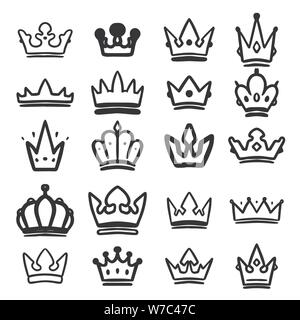 Set of hand drawn crowns isolated on white background. Design element for poster, card, banner, t shirt, emblem, sign. Vector illustration Stock Vector