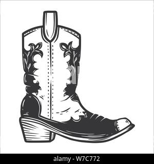 Hand drawn illustration of cowboy boot isolated on white background. Design element for poster, card, banner, t shirt, emblem, sign. Vector illustrati Stock Vector