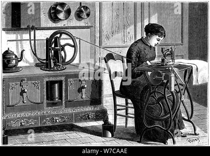 Domestic sewing machine powered by steam, 1883. Artist: Anon Stock Photo