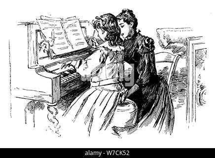 Young girl being given a piano lesson, Paris, 1889. Artist: Unknown Stock Photo