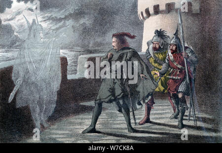 Hamlet seeing his father's ghost on the battlements of Elsinore Castle. Artist: Robert Dudley Stock Photo