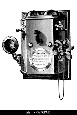 Edison telephone in a wall-mounted box, New York, 1890. Artist: Unknown Stock Photo