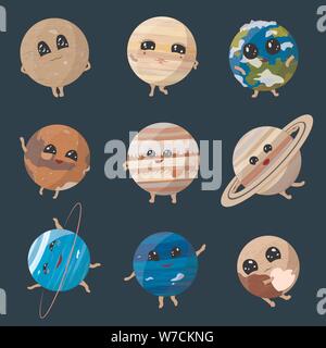 Cartoon planets of Solar System on dark background, vector illustration Stock Vector